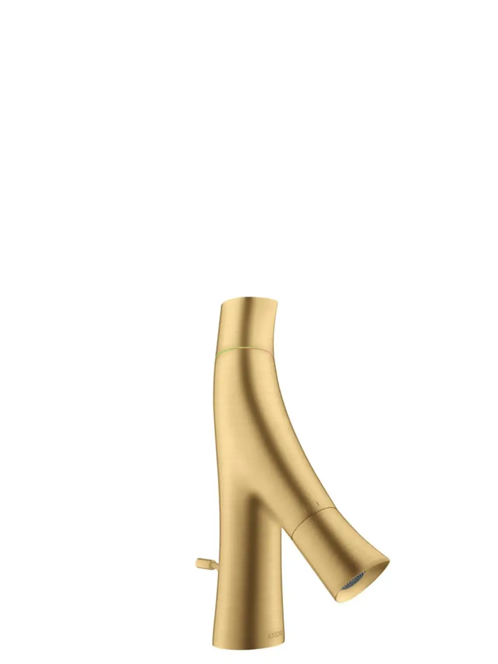 Waschtischmischer in Brushed Gold Optic von AXOR, mit zwei Griffen und einem Auslauf. Ziegende Zugstangen-Ablaufgarnitur. Modernes und funktionales Design.